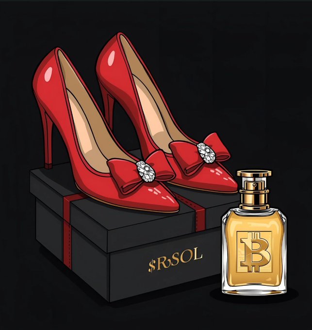 An illustration of red high-heeled shoes with jeweled bows on a black box labeled '$RSOL' next to a perfume bottle featuring a Bitcoin 'B' logo.
