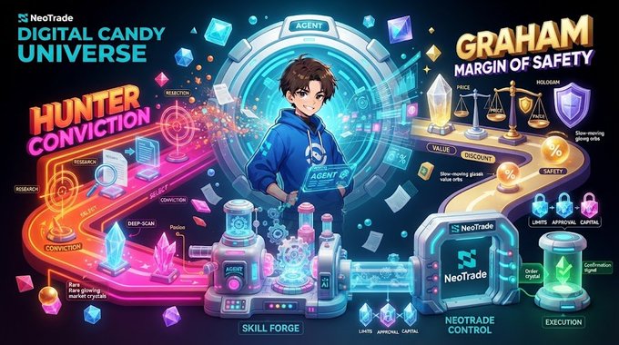 A vibrant digital illustration titled 'NeoTrade DIGITAL CANDY UNIVERSE' featuring an 'AGENT' character surrounded by neon-lit elements like 'HUNTER CONVICTION,' 'GRAHAM MARGIN OF SAFETY,' 'SKILL FORGE,' and 'NEOTRADE CONTROL.'