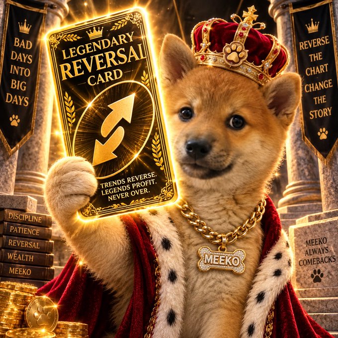 A Shiba Inu dog wearing a golden crown and a diamond 'MEEKO' pendant on a gold chain, draped in a red and ermine robe, holding a glowing gold 'LEGENDARY REVERSAL CARD' with the text 'TRENDS REVERSE. LEGENDS PROFIT. NEVER OVER.'