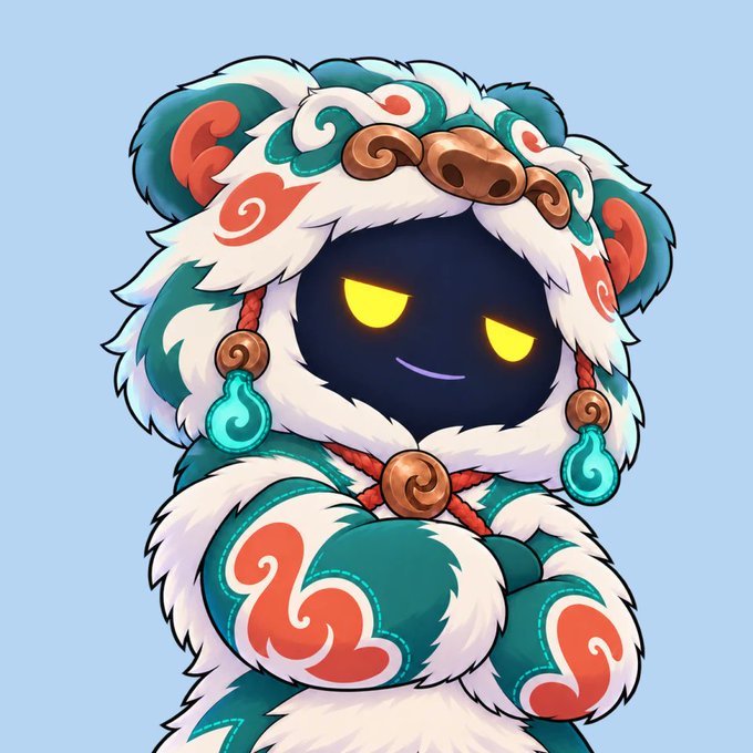 A cartoon illustration of a cute chibi-style character wearing a fluffy teal and white lion dance costume with glowing yellow eyes.