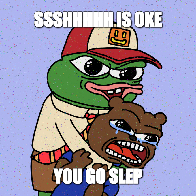 A cartoon shows a sad frog character comforting a crying brown bear, with text reading 'SSSHHHH..IS OKE' at the top and 'YOU GO SLEP' at the bottom.