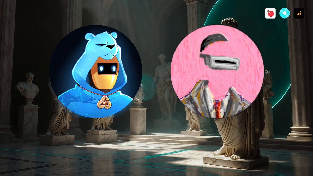 The image features two circular icons with different designs, one of which has a blue hoodie and the other with a pink hat. The blue icon represents a bear wearing a blue hoodie, while the pink icon shows a robot wearing a pink hat. Both icons are displayed on a computer screen or a video game interface.