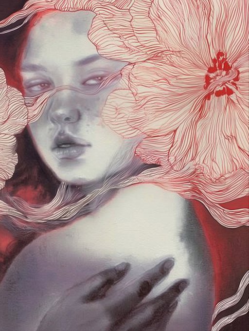A surreal artistic illustration of a woman with pale skin partially obscured by large red flowers drawn in flowing line work.