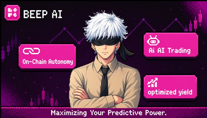 The image features a cartoon character wearing a tie and standing against a purple background, which appears to be a computer screen displaying information about Beep AI. The text at the bottom of the image reads "How Beep AI Redefines Prediction Markets? Traditional prediction platforms are bottlenecked by manual tracking, static order books, and slow oracle resolutions that fail to keep pace with real time events". This description highlights how Beep AI is revolutionizing the way predictions are made in markets.