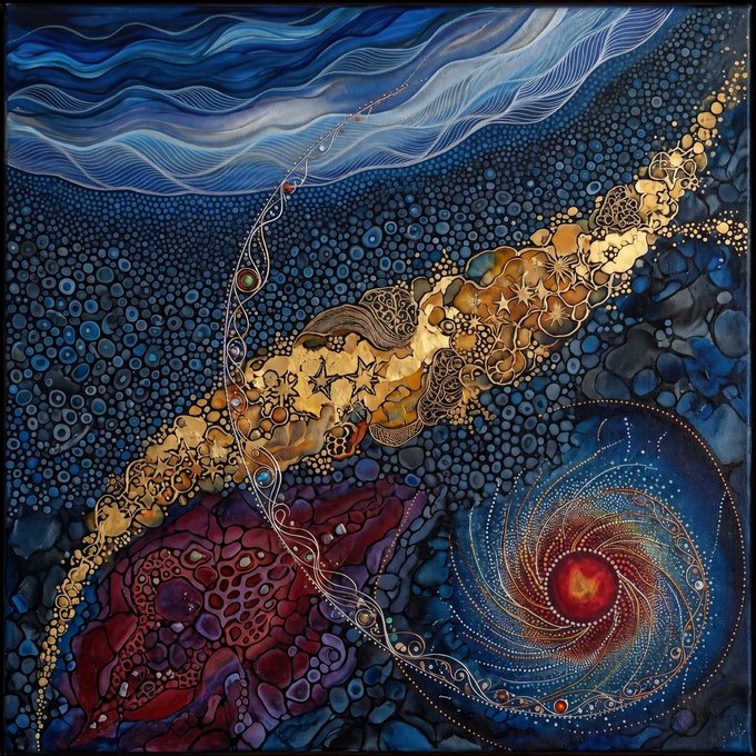 An abstract painting featuring swirling blue wave patterns at the top, a golden textured river-like form with star motifs, and a deep blue spiral vortex with a red center on the right.