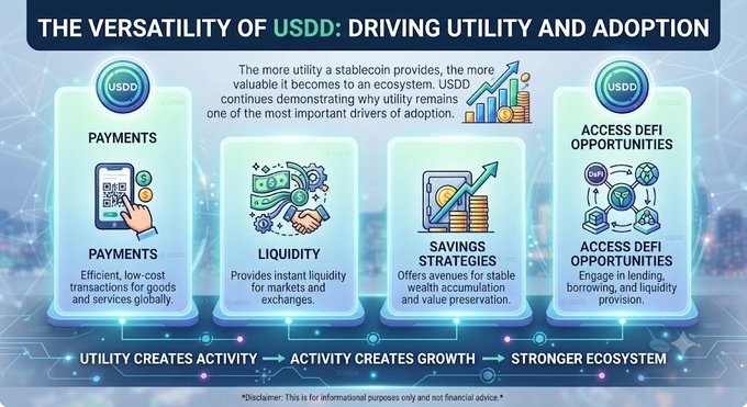 An infographic titled "The Versatility of USDD: Driving Utility and Adoption" outlines four key use cases for the USDD stablecoin—Payments, Liquidity, Savings Strategies, and Access DeFi Opportunities—arranged in a flow showing how utility creates activity, activity creates growth, and growth builds a stronger ecosystem. The graphic visually reinforces the post's point about stablecoins' versatility, particularly highlighting USDD's role across these four core functions.