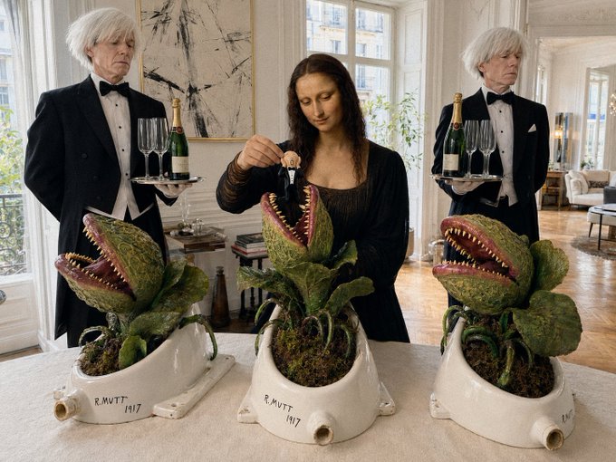 A surreal AI-generated image showing a Mona Lisa-like figure pouring champagne into three carnivorous plants displayed on vintage toilets signed 'R.MUTT 1917'.