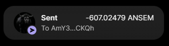 The image shows a mobile screenshot of a cryptocurrency transaction confirmation displaying "Sent - 6.0702479 ANSEM To AmyS...C8C0H," confirming the $100 $ANSEM token airdrop mentioned in the post being sent to the recipient.