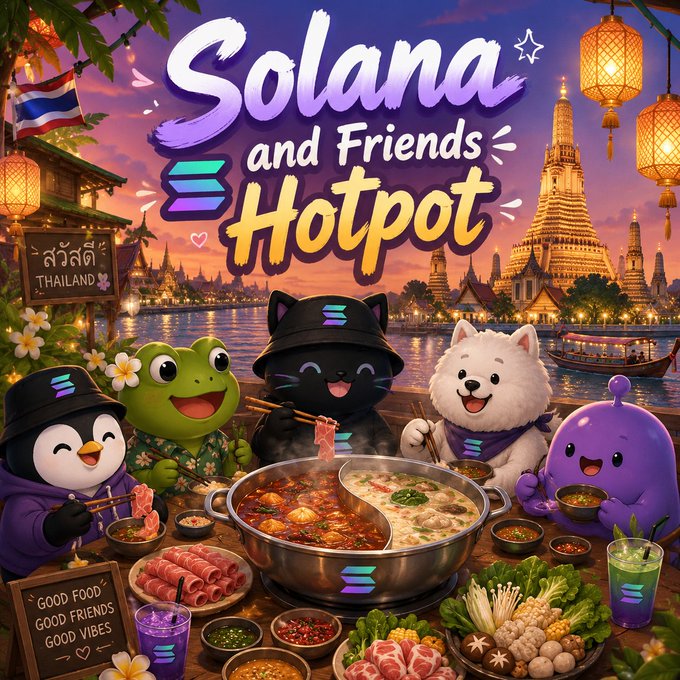 The image features a group of cartoon characters, including penguins, cats, and dogs, gathered around a table filled with food. The table has various dishes such as bowls, cups, and spoons. The scene takes place at an Asian restaurant or market where the characters are enjoying their meal together. The post suggests that this gathering is for those who have joined the Solana ecosystem as Founders, Developers, and Capital allocators in Bangkok, and they should join this inner circle dinner to experience the local culture and cuisine.
