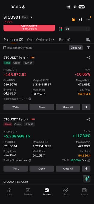 In the image, a cell phone screen displays information related to trading in Bitcoin (BTC). The text shows that someone has opened positions for multiple cryptocurrencies including Bitcoin, with their current positions being $0.39. Another cryptocurrency with a position of 1 is also shown. The user's portfolio status indicates that they are currently at 10%. A post on Facebook says that the person's short is worth 40 Bitcoins and will remain open until their next dividend payment of 40 Bitcoins (at this time), but there are additional positions for other cryptocurrencies available as well, so diversification can be achieved if desired.