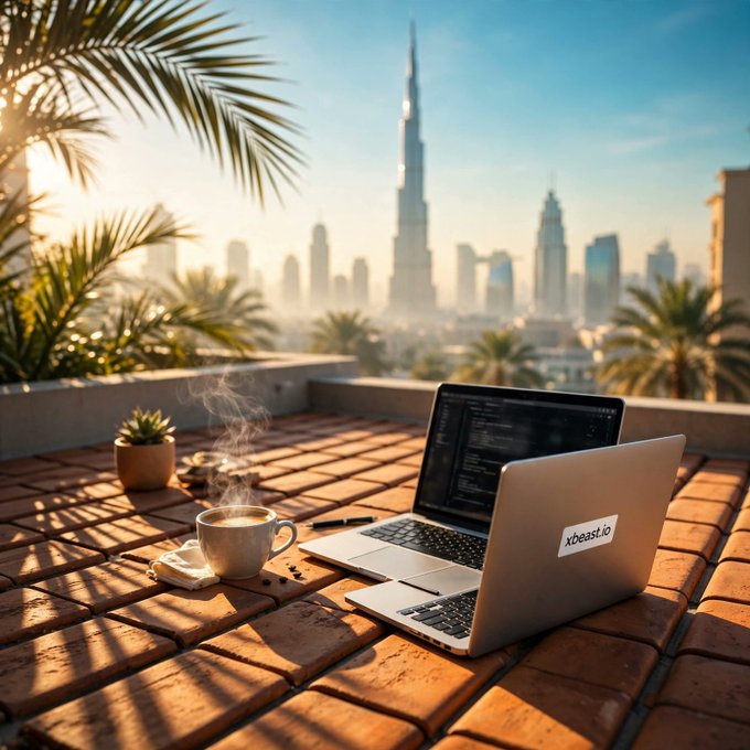 A workspace setup with two laptops on a brick surface, a steaming cup of coffee, and a small plant, overlooking the Dubai skyline featuring the Burj Khalifa.