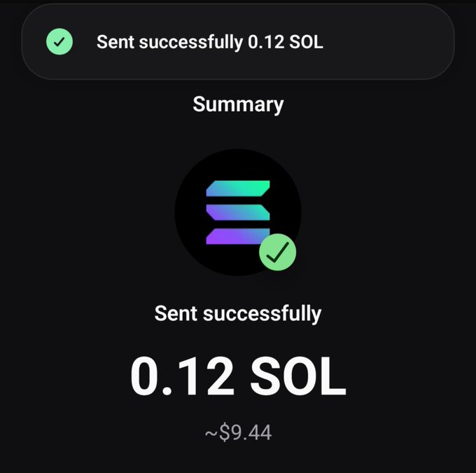 A confirmation screen shows a successful Solana transaction of "0.12 SOL" (~$9.44) with a green checkmark and Solana logo. This aligns with the post, which encourages users to drop their SOL wallets to receive a random airdrop.