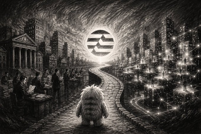 A monochromatic illustration shows a fluffy creature standing on a cobblestone path that splits into two directions: one side features classical buildings with people working, while the other displays a futuristic city with networked figures and a central glowing emblem.