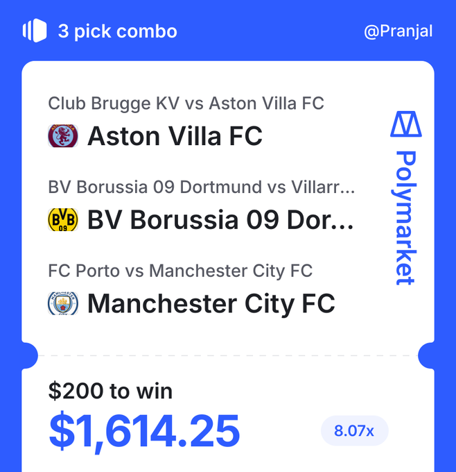A Polymarket 3-pick combo bet placed by @Pranjal wagering $200 to win $1,614.25 (8.07x) on Aston Villa FC, BV Borussia 09 Dortmund, and Manchester City FC all winning their respective Champions League matches. The image confirms the high-risk parlay bet on all three teams advancing in the tournament.
