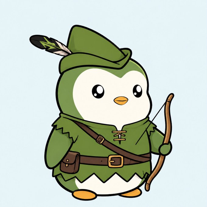 A cute cartoon penguin dressed as Robin Hood in a green tunic and feathered hat, holding a bow, against a light blue background.