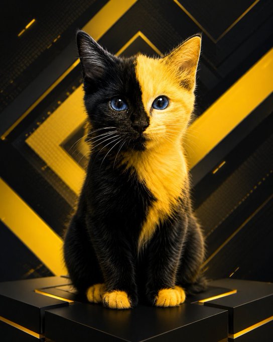 A 3D-rendered kitten with split black and orange coloring sits against a geometric black and yellow background.