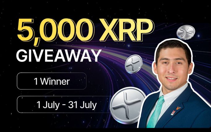 This image showcases a "5,000 XRP GIVEAWAY" for 1 winner from July 1st to July 31st, featuring a man in a suit and XRP coin graphics. It visually promotes the giveaway described in the accompanying text.