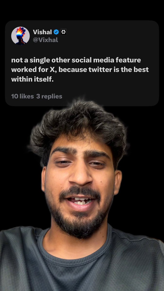 The image features a man with a beard wearing a black shirt, smiling at the camera. Below him, there's a text that reads "not a single other social media feature worked for X because it is the best within itself". The caption also includes the names of two people who posted about this topic on Twitter.