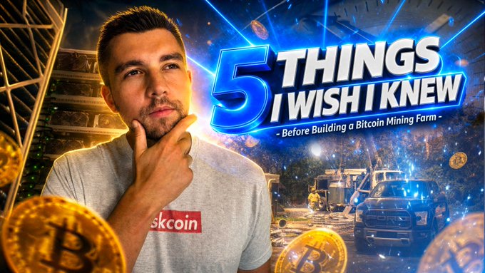 A man in a "TaskCoin" shirt poses thoughtfully in front of a dramatic backdrop featuring Bitcoin imagery, mining equipment, a Ford truck, and bold text reading "5 Things I Wish I Knew Before Building a Bitcoin Mining Farm," which serves as the YouTube thumbnail matching the video link about lessons learned from starting a Bitcoin mining operation.