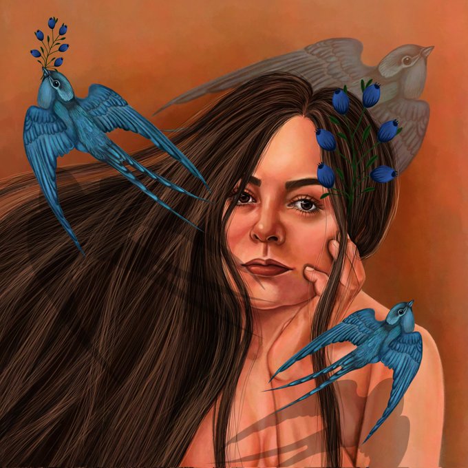 The image features a woman with long brown hair wearing blue flowers, surrounded by three birds - two blue ones and one white one. The background of the image is orange, which contrasts nicely with the woman's dark hair and the blue flowers on her head. There are also some text elements in the image that read "Peace is within yourself" and "0.111 eth_ Live on TransientLabs 1/1".