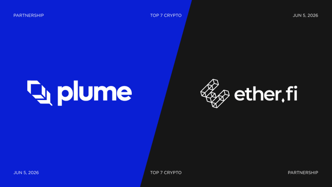 The image features a logo for Plume and EtherFi, both located at the bottom of the screen. The Plume logo is blue with white text that reads "Plume", while the EtherFi logo is black with white text that says "EtherFi". Both logos are positioned on a gray background. Below each logo, there's a caption in white text that provides information about the partnership between the two companies and their allocation of funds into a new RWA Vault built on Plume's network infrastructure.