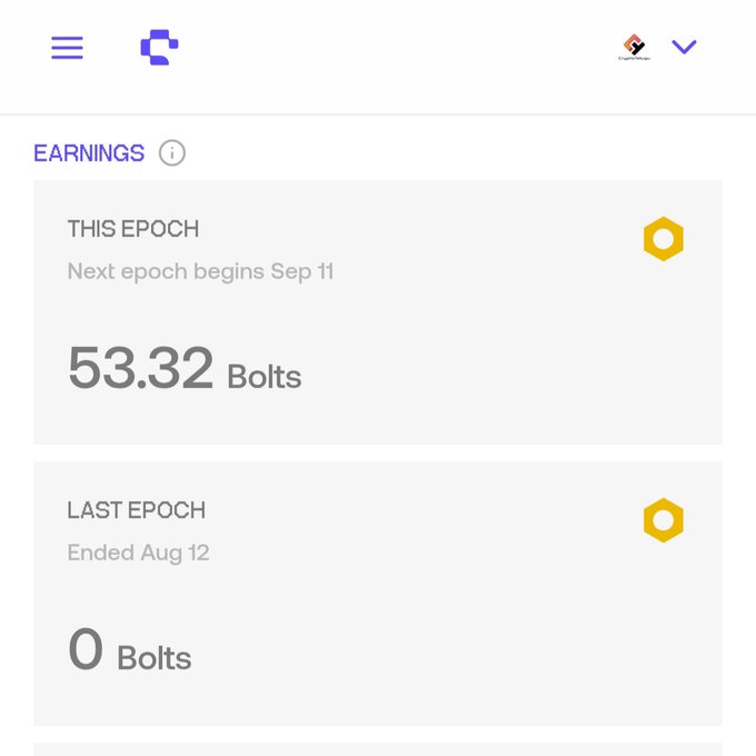 A user has shared a screenshot of their BitRobot earnings dashboard, showing 53.32 Bolts earned this epoch (with the next epoch beginning Sep 11) and 0 Bolts from the last epoch that ended Aug 12. The image serves as visual proof of their Bolts accumulation to encourage others to join via their referral link.