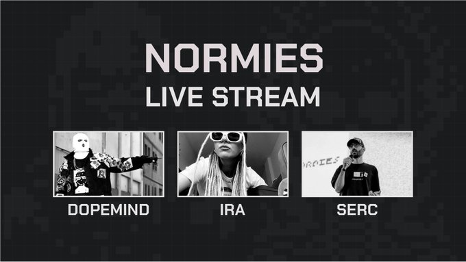 A promotional graphic for a "NORMIES LIVE STREAM" featuring black and white portraits of three artists: DOPEMIND, IRA, and SERC.