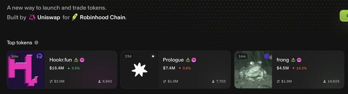 The image shows a Uniswap-built token launch and trading platform for Robinhood Chain, displaying "Top tokens" including Hook.fun ($16.4M, +3%), Prologue ($7.4M, +0.6%), and frong ($4.5M, +1.42%) with their market caps and holder counts. The interface supports the post's argument that Uniswap's investment in the Robinhood Chain ecosystem complements rather than competes with their own TradePools launchpad, showcasing active token trading on the platform.