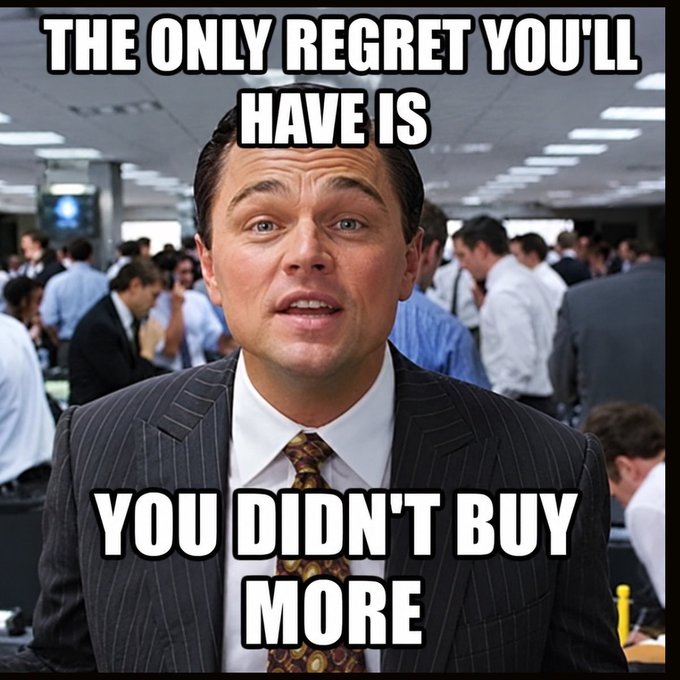 A classic 'Wolf of Wall Street' meme featuring Leonardo DiCaprio in a busy trading floor setting with bold white text reading 'THE ONLY REGRET YOU'LL HAVE IS YOU DIDN'T BUY MORE'.
