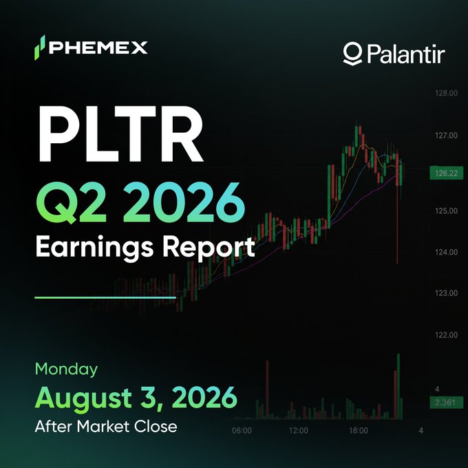 A promotional graphic from Phemex announcing Palantir's ($PLTR) Q2 2026 Earnings Report scheduled for Monday, August 3, 2026, after market close, featuring a candlestick price chart with current price around $126.22, designed to encourage traders to position themselves for the AI-driven stock's earnings move on the Phemex exchange.