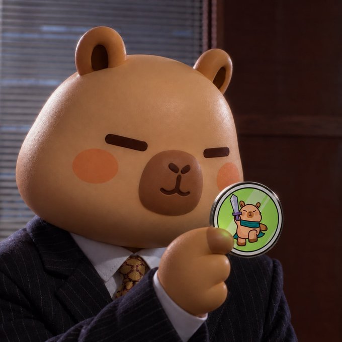 A 3D-rendered brown bear character in a pinstripe suit holds up a circular badge featuring a smaller bear character wearing a sword and cape.