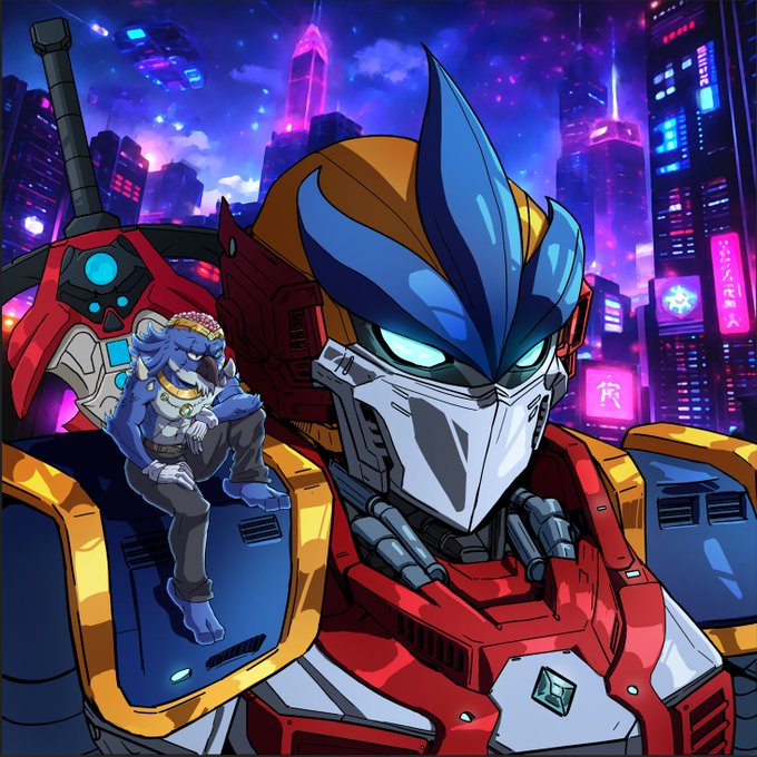 A stylized illustration of a Transformers-style robot with red, blue, and yellow armor standing against a neon cyberpunk cityscape, with a blue anthropomorphic creature perched on its shoulder.