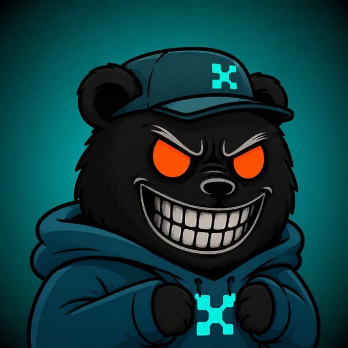A digital illustration of an angry black bear wearing a teal hoodie and a cap with a cyan 'X' logo, showing a wide toothy grin.