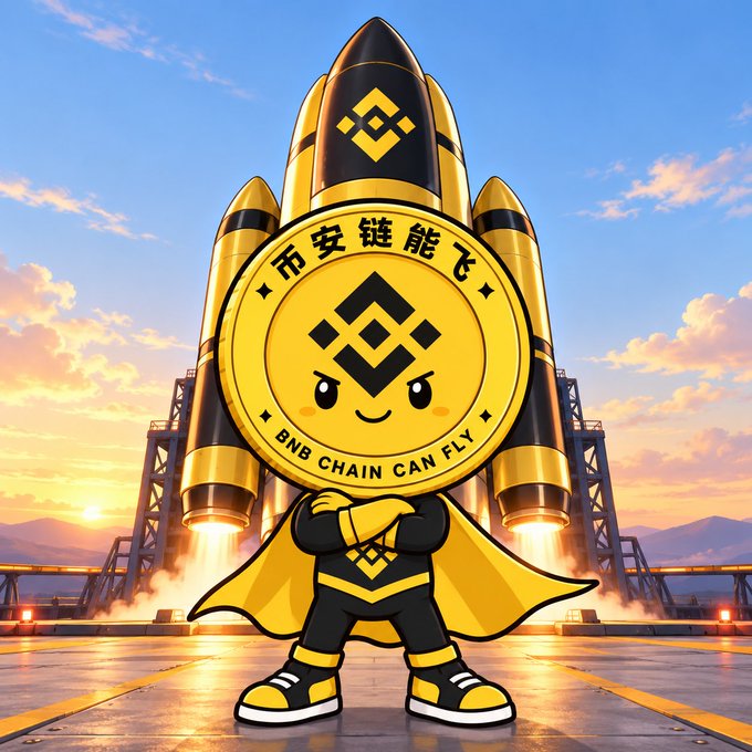 A cartoon mascot character with a BNB coin head wearing a yellow cape and black outfit, standing in front of rocket boosters with Chinese text and the phrase 'BNB CHAIN CAN FLY' on the coin.