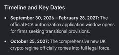 A presentation slide titled "Timeline and Key Dates" lists two bullet points: "September 30, 2026 – February 28, 2027: The official FCA authorization application window opens for firms seeking transitional provisions" and "October 25, 2027: The comprehensive new UK crypto regime officially comes into full legal force."