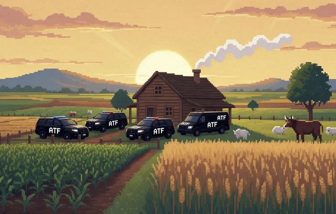 A pixel-art scene depicts ATF police vans surrounding a log cabin in a rural farm setting at sunset, with livestock grazing nearby.