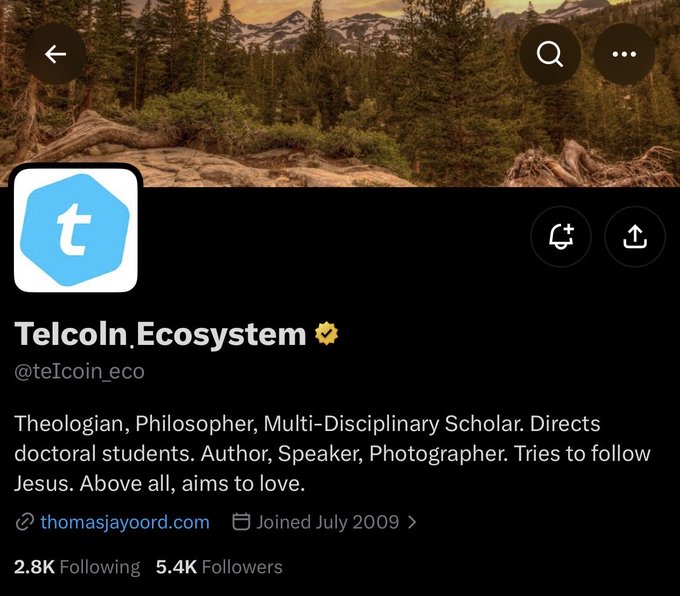 Twitter profile for 'TelcoIn.Ecosystem' (@teIcoin_eco) with 5.4K followers, bio mentioning theologian and philosopher.