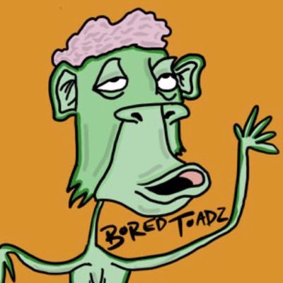 The image features a cartoon character with green skin, wearing a pink headband and standing against an orange background. The caption below the image reads "A 1/1 that was never mint from my BRAINTOADZ collection from 2022 #NewProfilePic". This suggests that the image is part of a series or collection featuring various cartoon characters, each with their own unique features and stories.