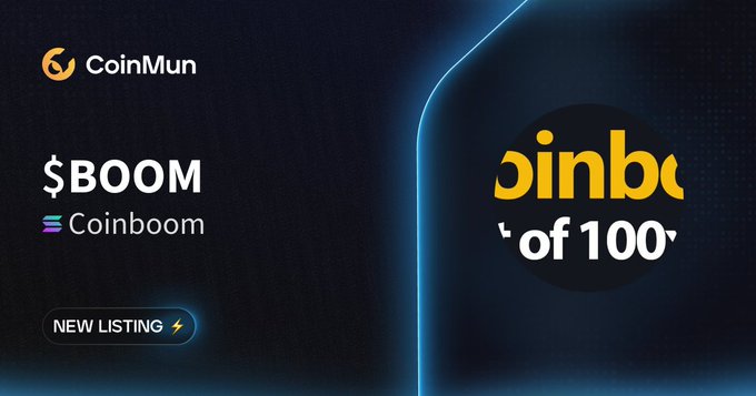 A promotional graphic for CoinMun announcing a new listing for '$BOOM Coinboom' token.