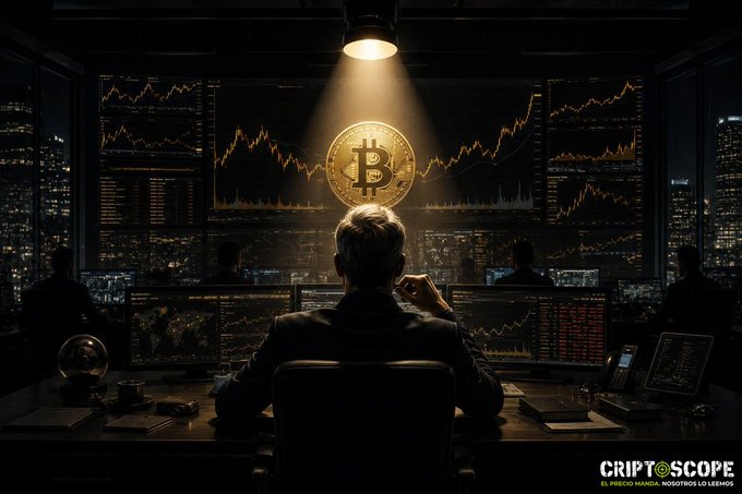 A person wearing a business suit sitting at a desk, actively working on a computer monitor that displays information about Bitcoin or Cryptocurrency markets. The image also includes text elements related to this scene such as "Saylor doesn't buy Bitcoin, he...", "he buys narrative every", and "focus on what is in the image and how it relates to the post".