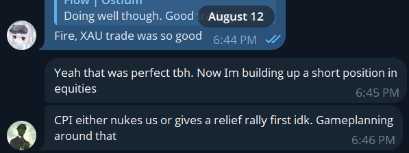 Telegram-style chat conversation discussing market positions, with messages mentioning XAU trade, short positions in equities, and CPI impact on August 12.