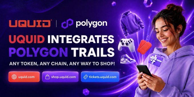 The image features a woman holding a cell phone with a purple sweater on her arm. The background of the image is dark blue, and there are various items scattered around the scene, including a red heart, a white gift bag, and some text that reads "Uquid Integrates Polygon Trails". This suggests that Uquid has integrated Polygon OMS into their platform to provide seamless transactions for users.