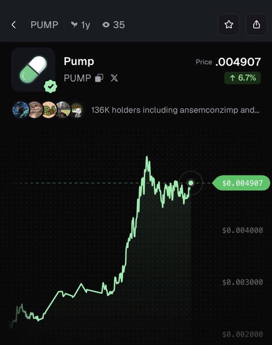 A crypto price chart for PUMP ($0.004907) showing a strong upward trend over 1 year, with the current value up 6.7% as highlighted in green, and noting 136K holders including ansemconzimp.