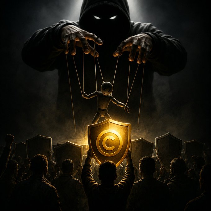 The image shows a group of people gathered around a man who is holding up a shield with a gold emblem that says "copyright" on it. The people are standing behind him, watching as he displays his shield. The scene appears to be set in a dark room or alleyway, and the atmosphere seems to be tense or dramatic.