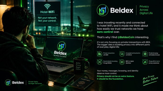 An advertisement for Beldex with the tagline 'Privacy Across Digital Life,' showing a person using a laptop in an airport while warning about hotel WiFi security risks.