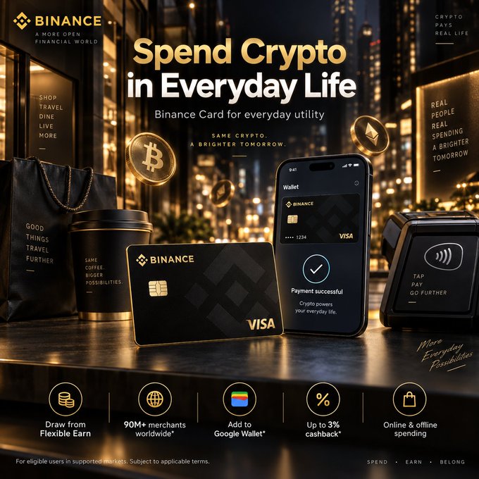 A sleek Binance advertisement showcases a black Visa Binance Card alongside a smartphone displaying the wallet app, with golden Bitcoin and Ethereum coins floating in a moody, city-lit backdrop, promoting the tagline "Spend Crypto in Everyday Life." Key features highlighted include "Draw from Flexible Earn," "90M+ merchants worldwide," "Add to Google Wallet," "Up to 3% cashback," and "Online & offline spending," reinforcing the post's message about seamlessly using crypto for everyday purchases.