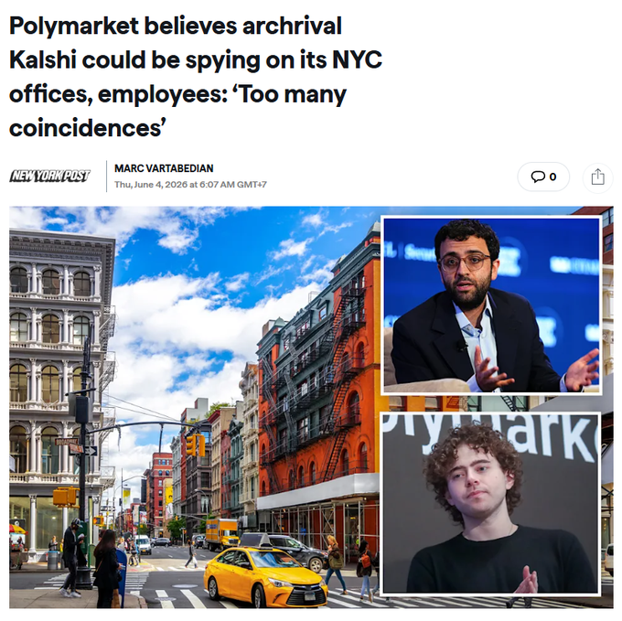 The image shows three different photos of a city street with buildings, cars, and people walking around. The text above the images reads "Polymarket believes archival Kalshi could be spying on its NYC offices, 'Too many coincidences'". This suggests that there is an ongoing investigation into whether or not Kalshi has been engaging in corporate espionage by accessing sensitive information about Polymarket's operations.