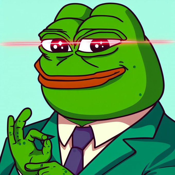 A Pepe the Frog meme illustration showing the frog wearing a green suit and tie with red laser-beam eyes and a smug expression, pointing upward with one finger.
