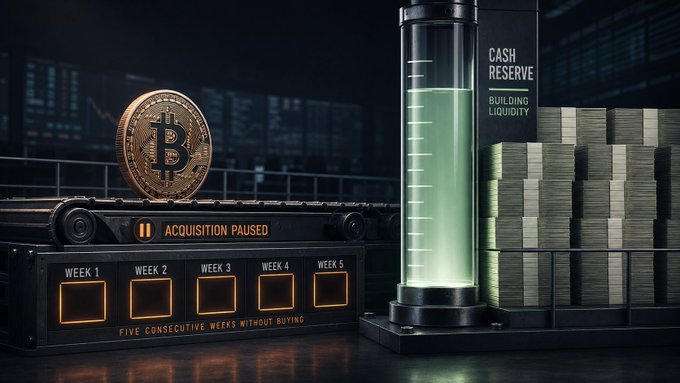 A 3D illustration depicting cryptocurrency accumulation, featuring a large gold Bitcoin on a conveyor belt marked "ACQUISITION PAUSED" and "FIVE CONSECUTIVE WEEKS WITHOUT BUYING" with week counters. To the right, a liquid gauge reads "CASH RESERVE BUILDING LIQUIDITY" next to stacks of cash.
