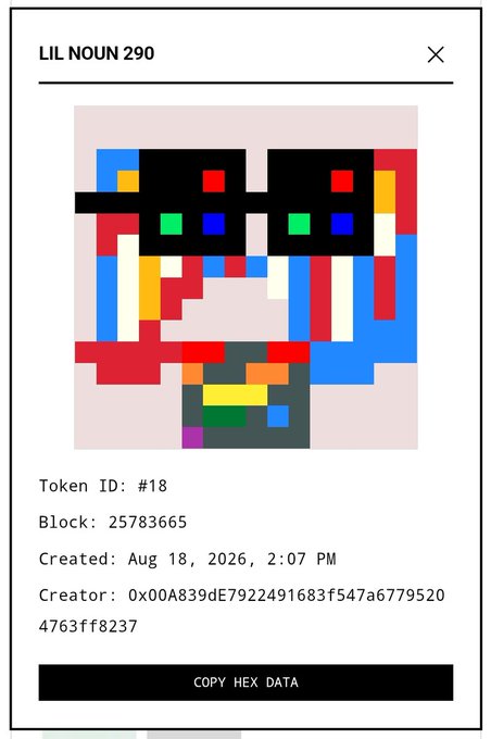 An NFT listing page for 'LIL NOUN 290' showing a pixelated colorful character wearing pixel sunglasses, with details including Token ID: #18, Block: 25783665, and Created: Aug 18, 2026.